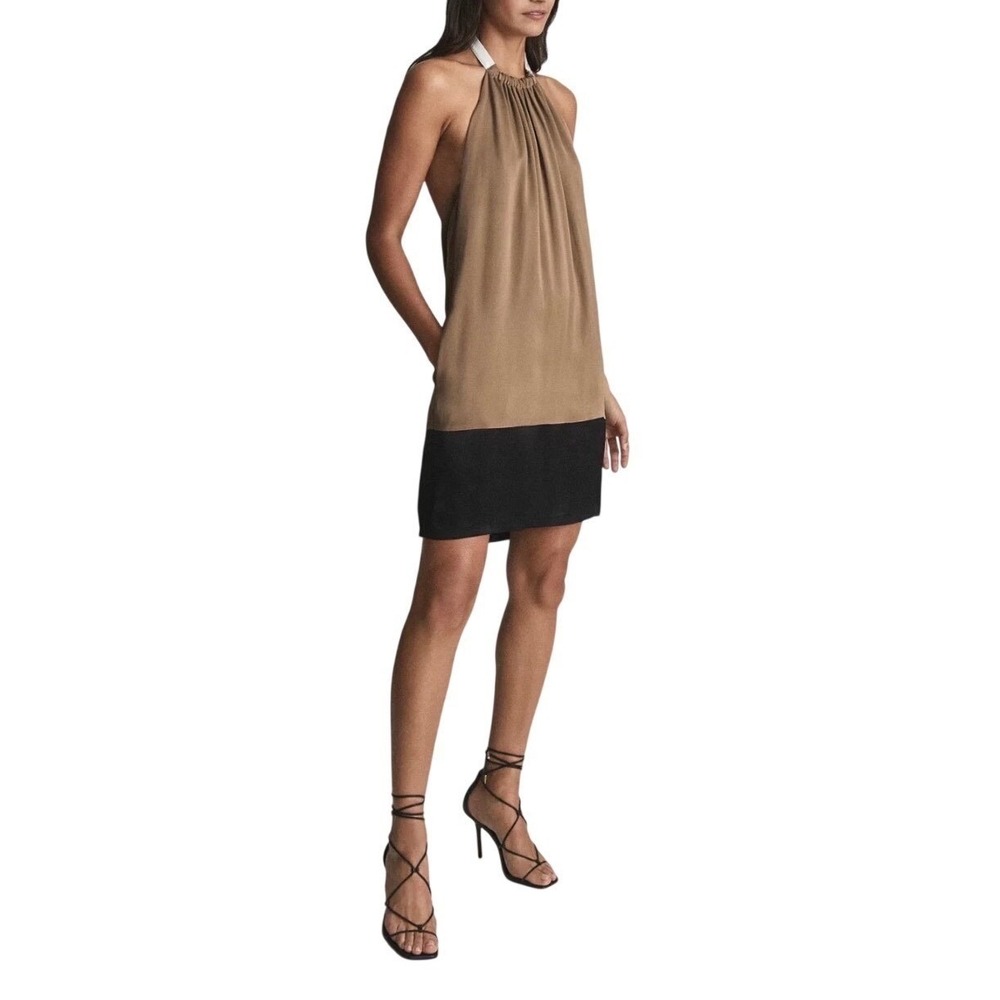Reiss Dress MSRP $335 Pascal Drape Back Mini Caramel Black Halter Size 6 NEW